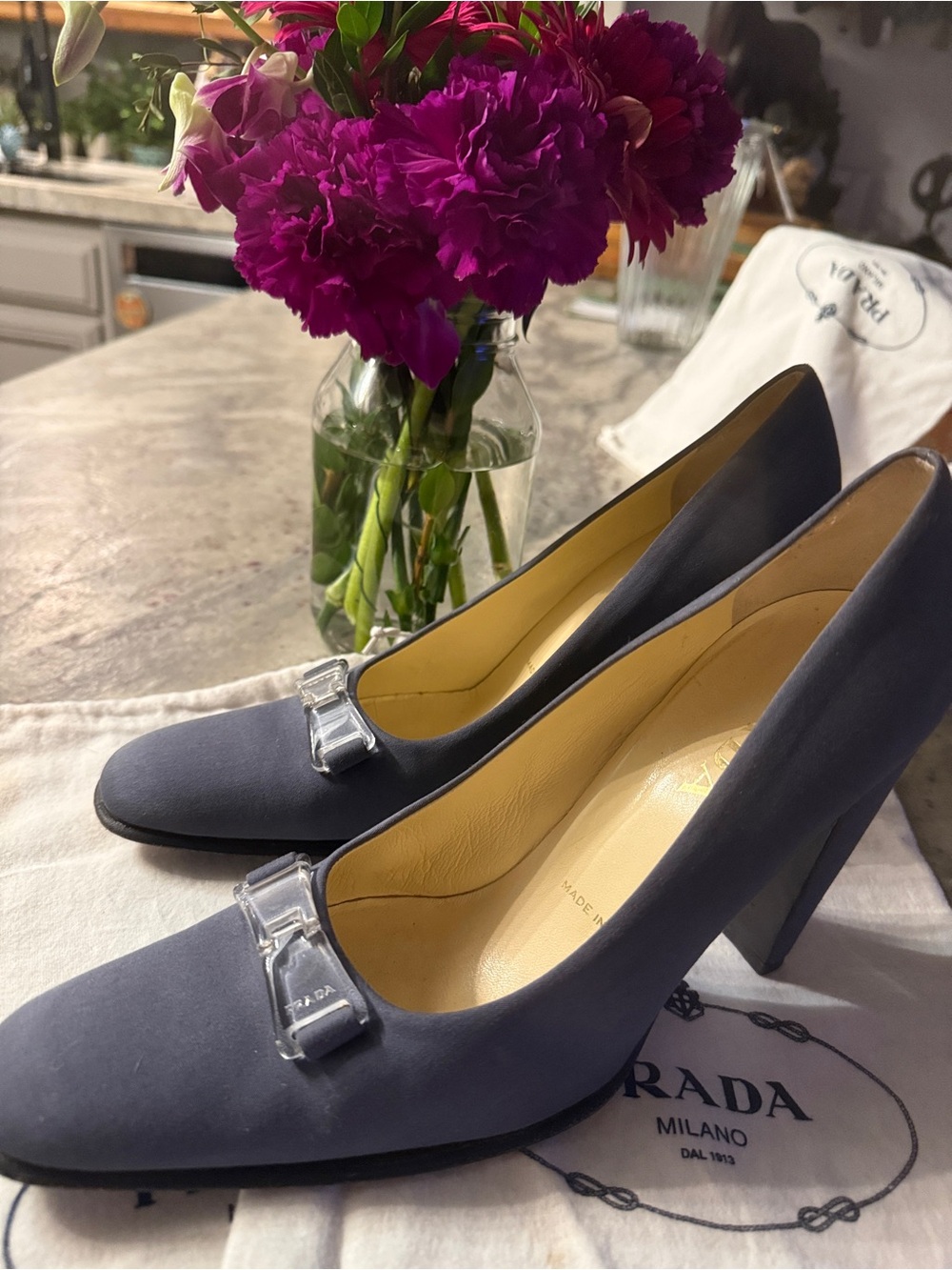 Prada Slate Po de Soie Satin Block-Heel Pumps - Picture 4 of 9